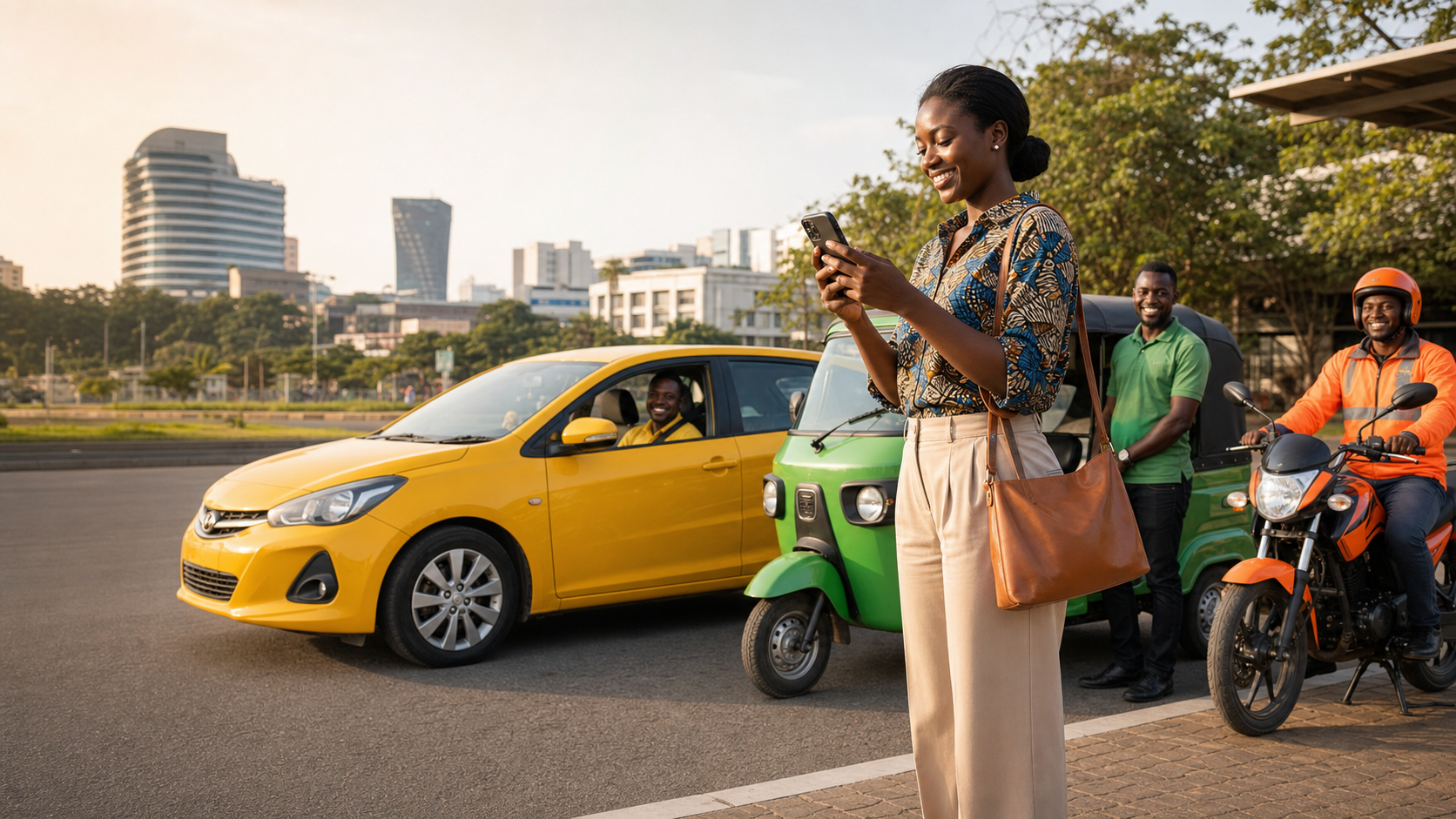 Pragride passenger booking beside professional taxi, Pragya and Okada drivers in Accra